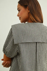 Gingham short sleeve tie front top in black and white gingham check with a wide structured collar