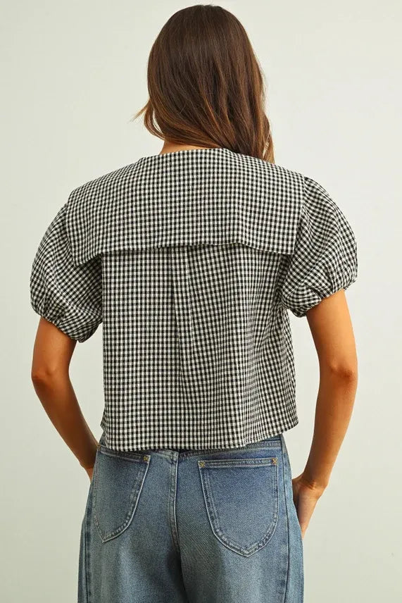 Black and white gingham short sleeve tie front top with ruffled collar in lightweight cotton fabric
