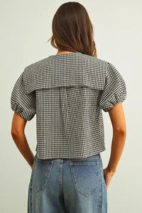 Black and white gingham short sleeve tie front top with ruffled collar in lightweight cotton fabric