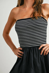 Black and white striped strapless bubble hem mini dress