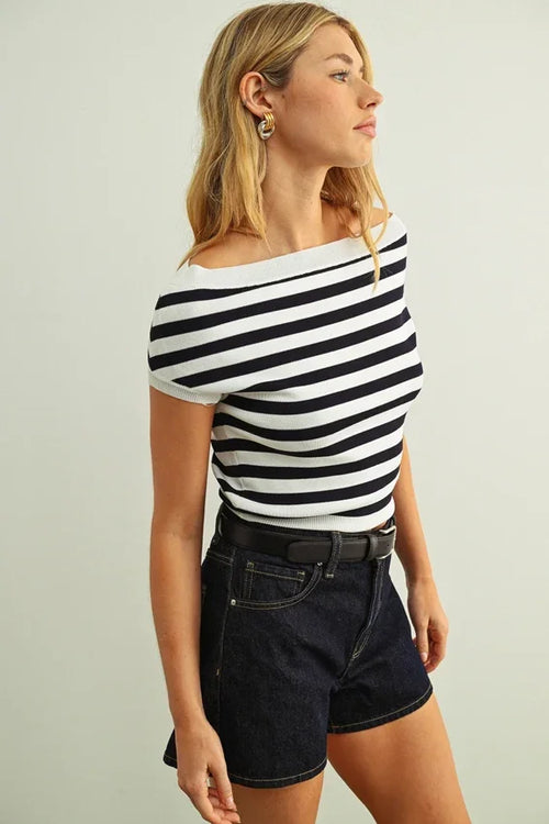 Cap sleeve boat neck stripe top with black and white horizontal stripes