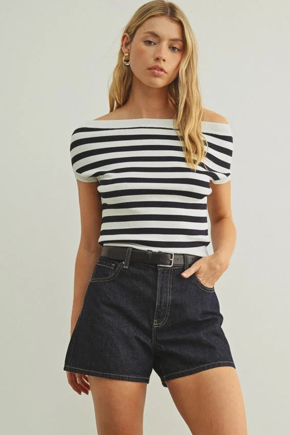 Cap sleeve boat neck stripe top, black white horizontal stripes