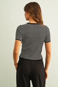 Stripe ribbed knit short sleeve top in black and white horizontal stripes