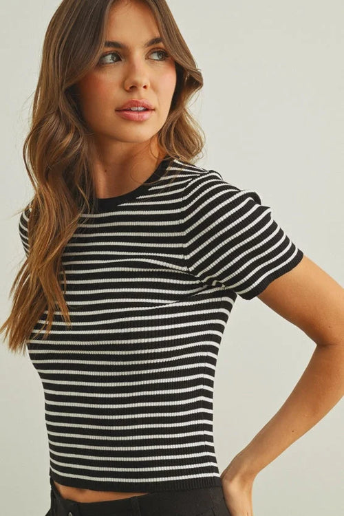 Stripe ribbed knit short sleeve cropped top in black and white
