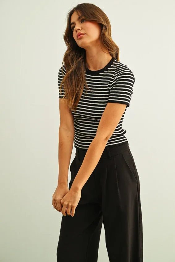 Stripe ribbed knit short sleeve top in black and white horizontal stripes