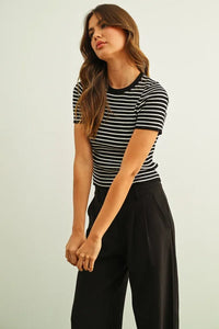 Stripe ribbed knit short sleeve top in black and white horizontal stripes