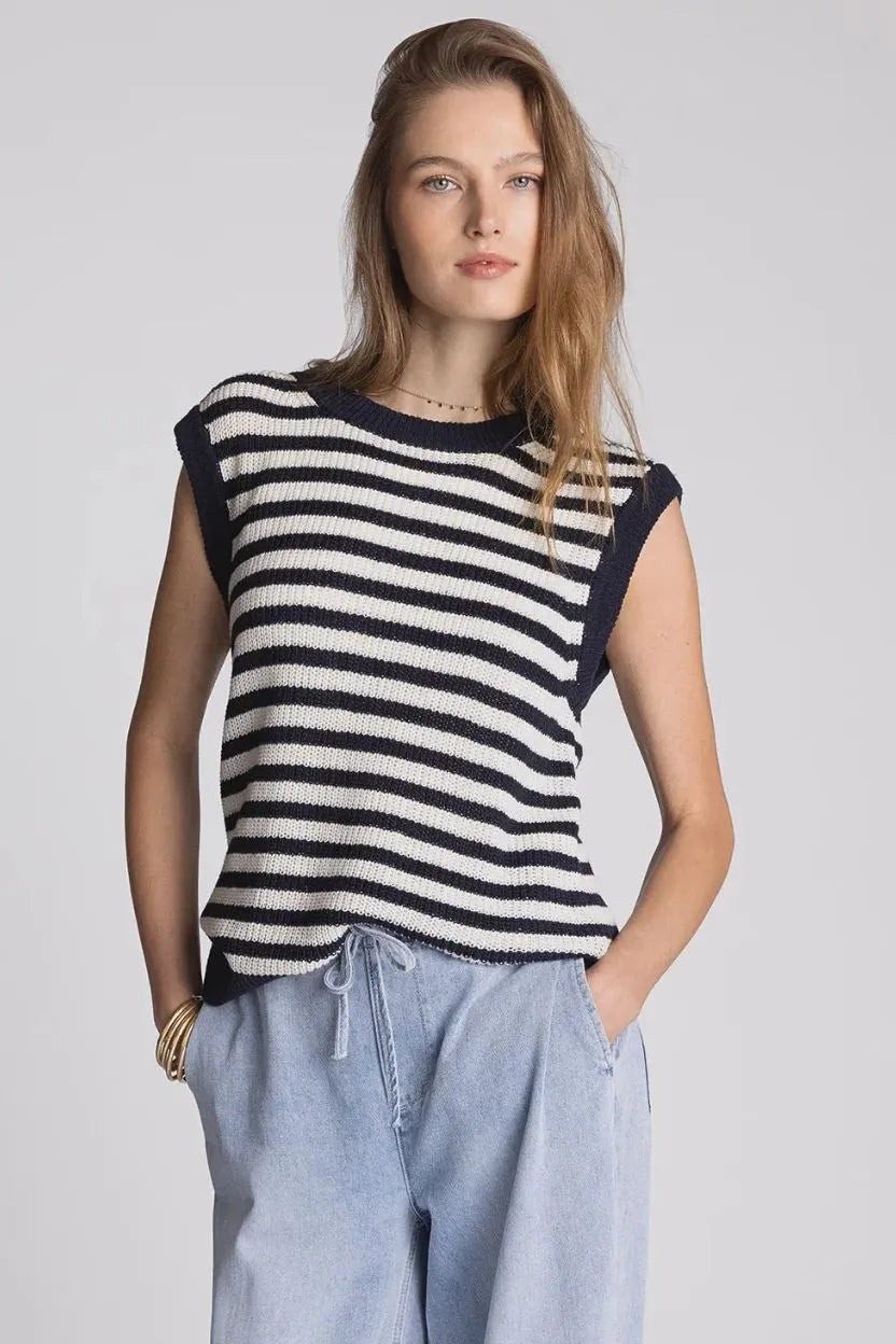 Thread and supply orta top black and white striped knit sleeveless top with navy ribbed neckline boho chic clothing