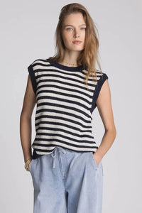 Thread and supply orta top black and white striped knit sleeveless top with navy ribbed neckline boho chic clothing