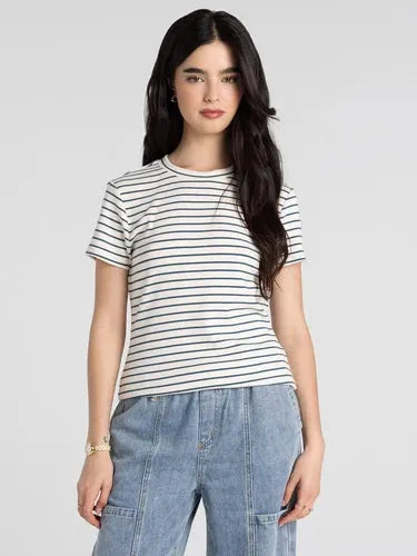 Thread and supply annie tee black and white striped slim fitting basic top t shirt top with round neckline and short sleeves