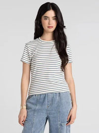 Thread and supply annie tee black and white striped slim fitting basic top t shirt top with round neckline and short sleeves