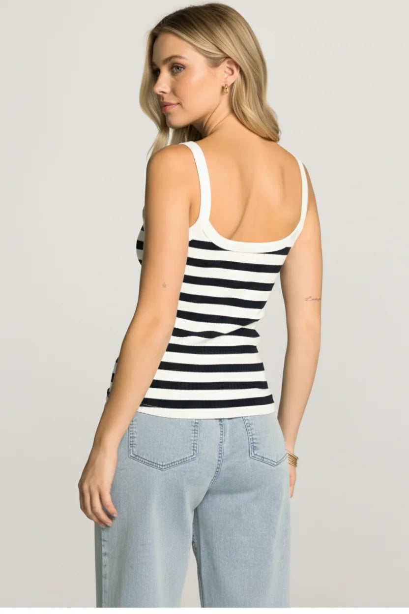 Thread & Supply Rachel tank top: black and white striped fitted silhouette