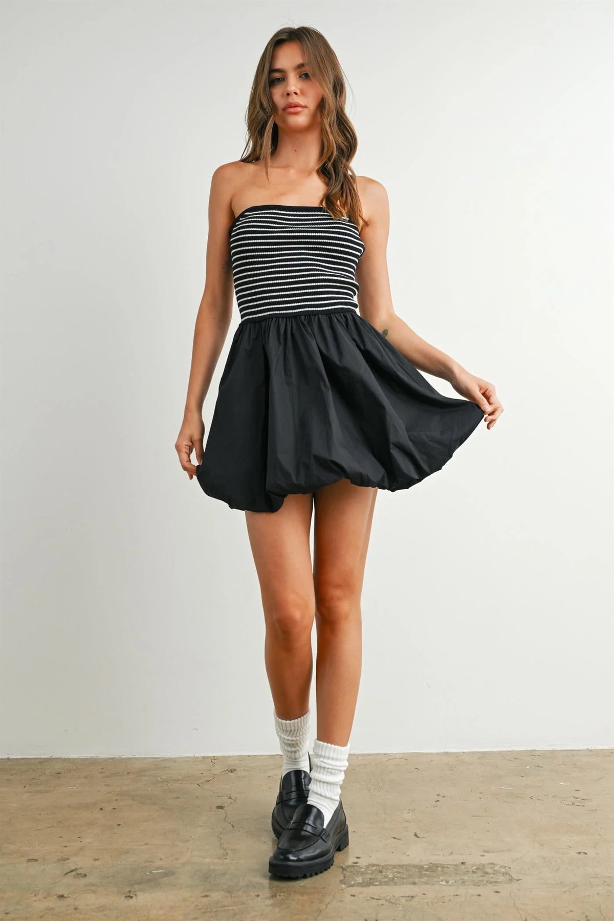 Black and white striped strapless bubble hem mini dress