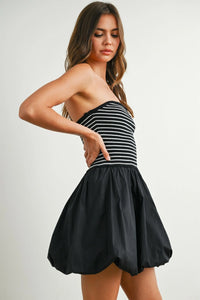 Black and white striped bubble hem mini dress with flared skirt