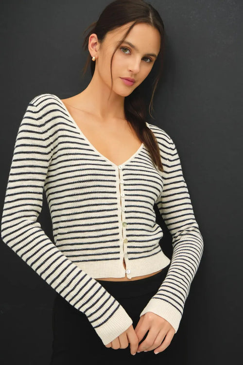 Stripe cropped v-neck cardigan in black and white stripes