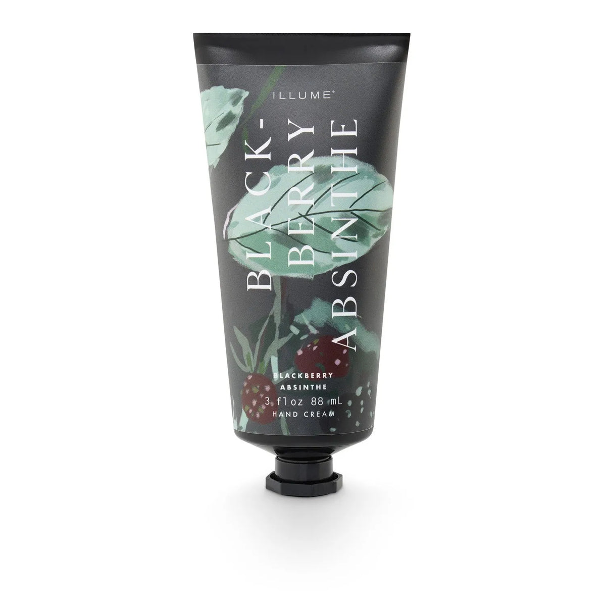 Blackberry absinthe hand cream in a sleek black tube with botanical illustrations for nourishing hand care