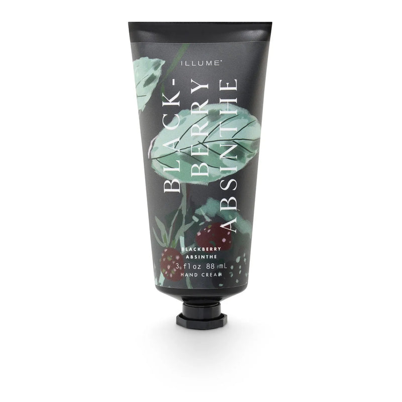 Blackberry absinthe hand cream in a sleek black tube with botanical illustrations for nourishing hand care