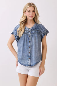 Blue denim tencel short sleeve button shirt with ruffled sleeves and front button closure for casual wear