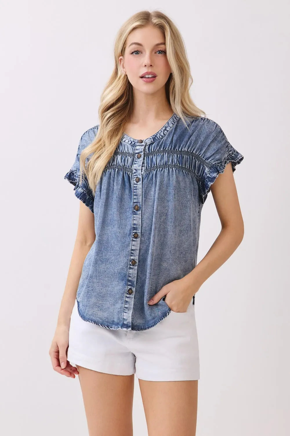 Blue denim tencel short sleeve button shirt with ruffled sleeves and a front button design for casual wear