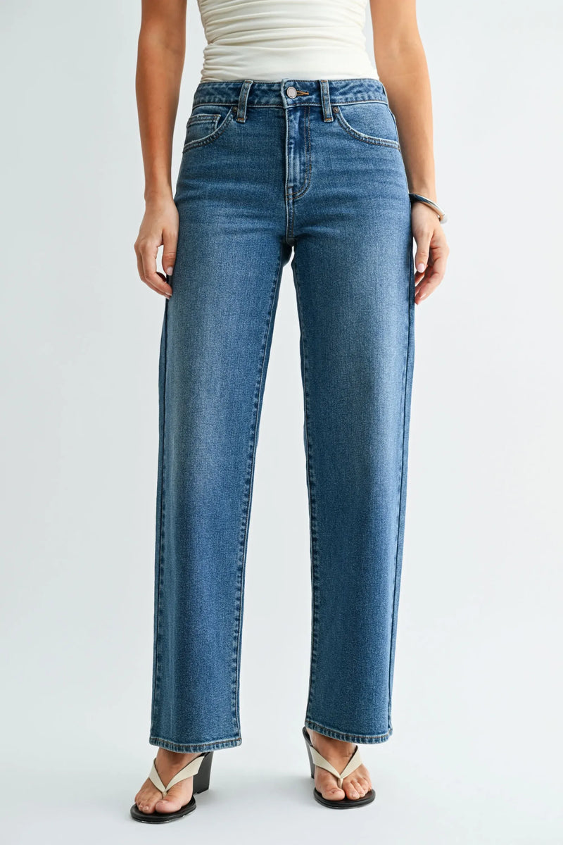 Blue denim loose low rise stretch straight denim jeans with high-rise, straight-leg fit and classic five-pocket design