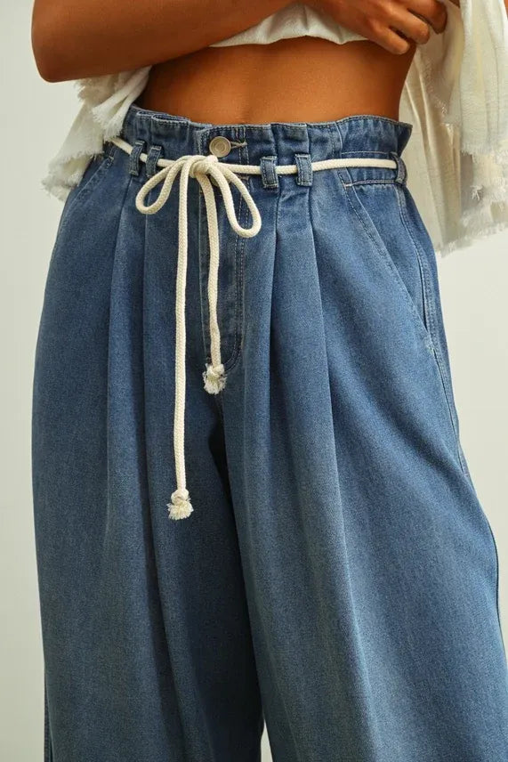 Blue denim pleated cotton belt denim pants with high-waisted wide-leg design and white drawstring waistband