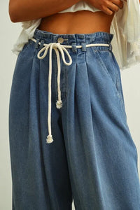 Blue denim pleated cotton belt denim pants with high-waisted wide-leg design and white drawstring waistband