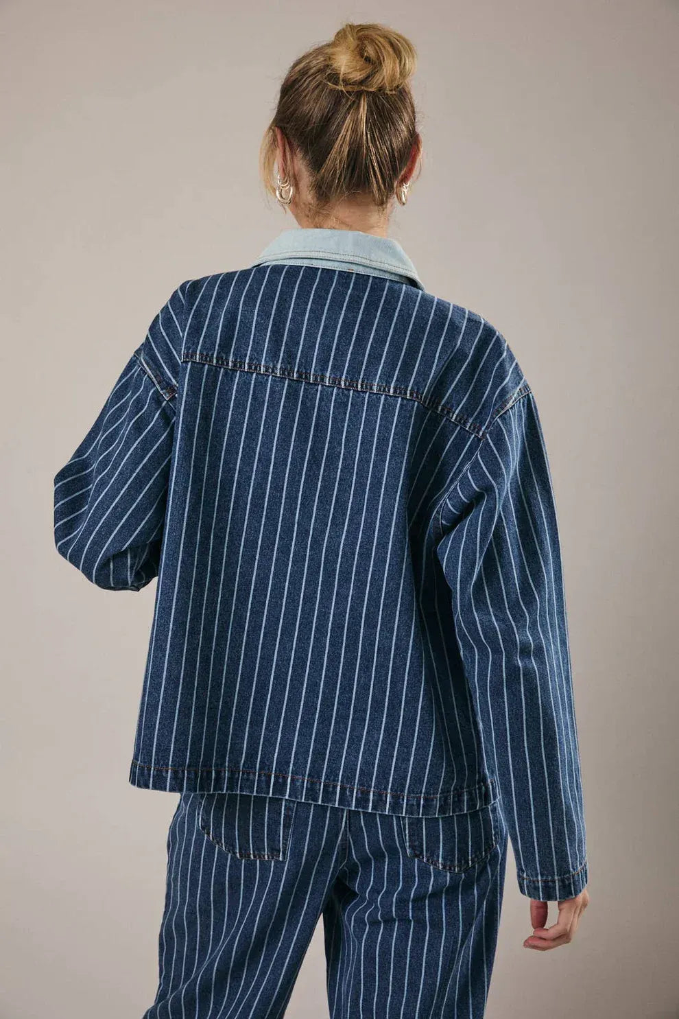 Stripe oversized collar denim jacket with white stripes and light blue shirt