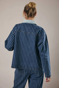Stripe oversized collar denim jacket with white stripes and light blue shirt
