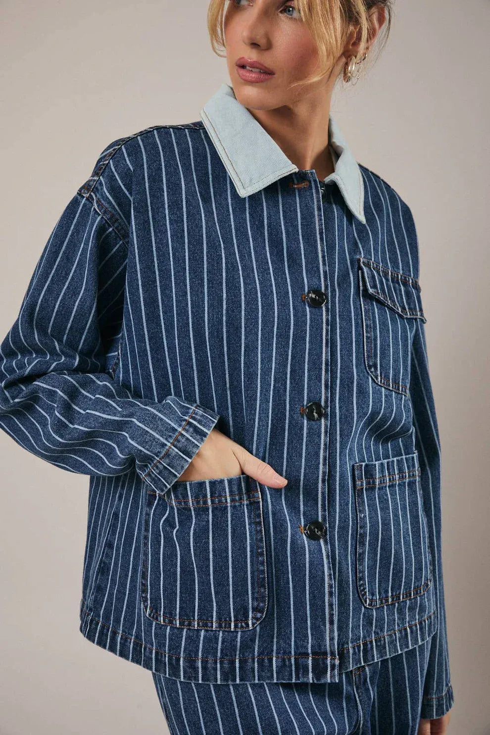 Stripe oversized collar denim jacket in blue with white stripes