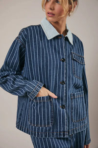 Stripe oversized collar denim jacket in blue with white stripes