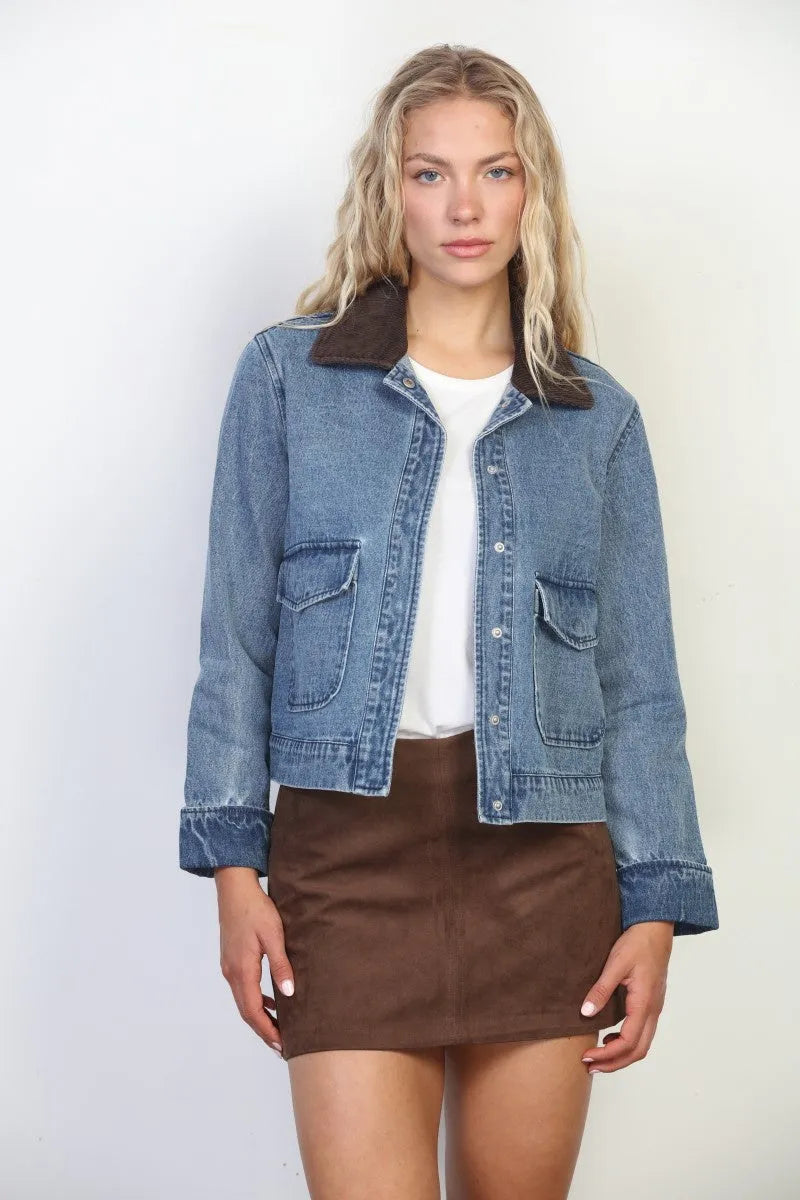 Blue denim jacket with brown collar and cuffs featuring washed snap closure crop denim design