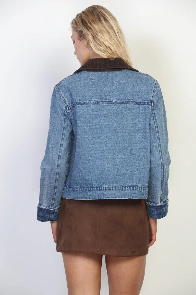 Blue denim washed snap closure crop denim jacket with brown suede collar and cuffs for stylish layering