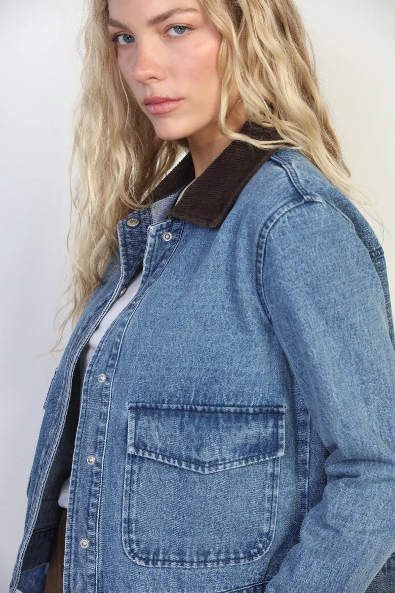 Blue denim washed snap closure crop jacket with contrasting brown corduroy collar closure crop denim style
