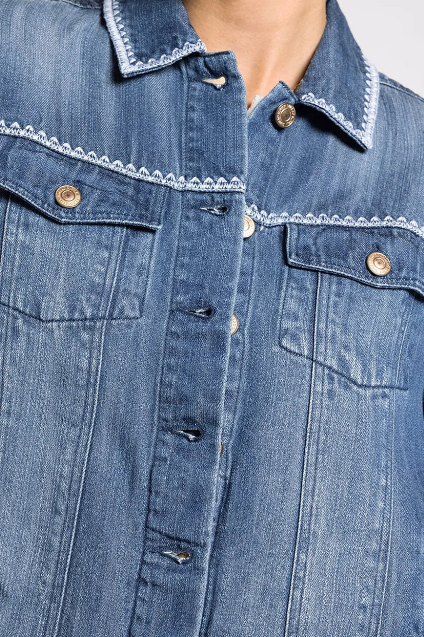 Blue denim jacket with embroidered trim, women’s boho chic clothing