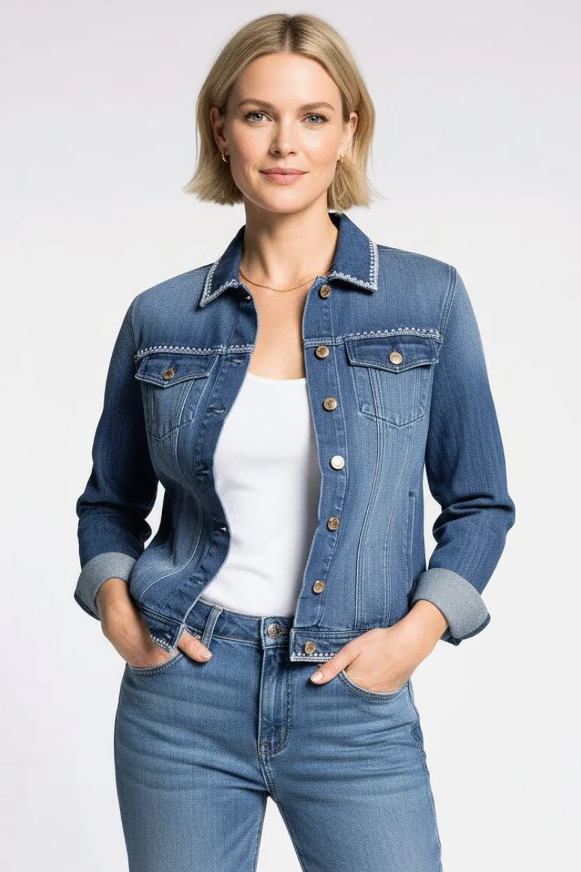 Blue denim jacket with embroidered trim, rolled sleeves, boho chic