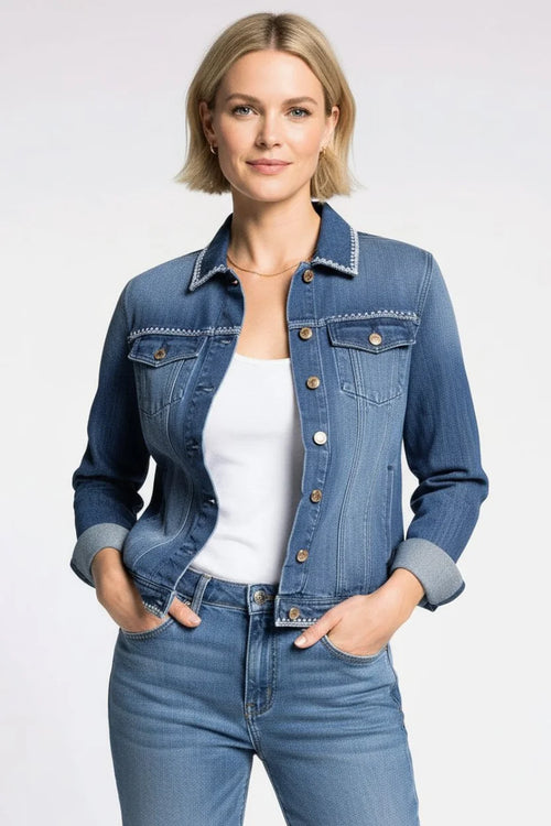 Blue denim jacket with embroidered trim, rolled sleeves, boho chic