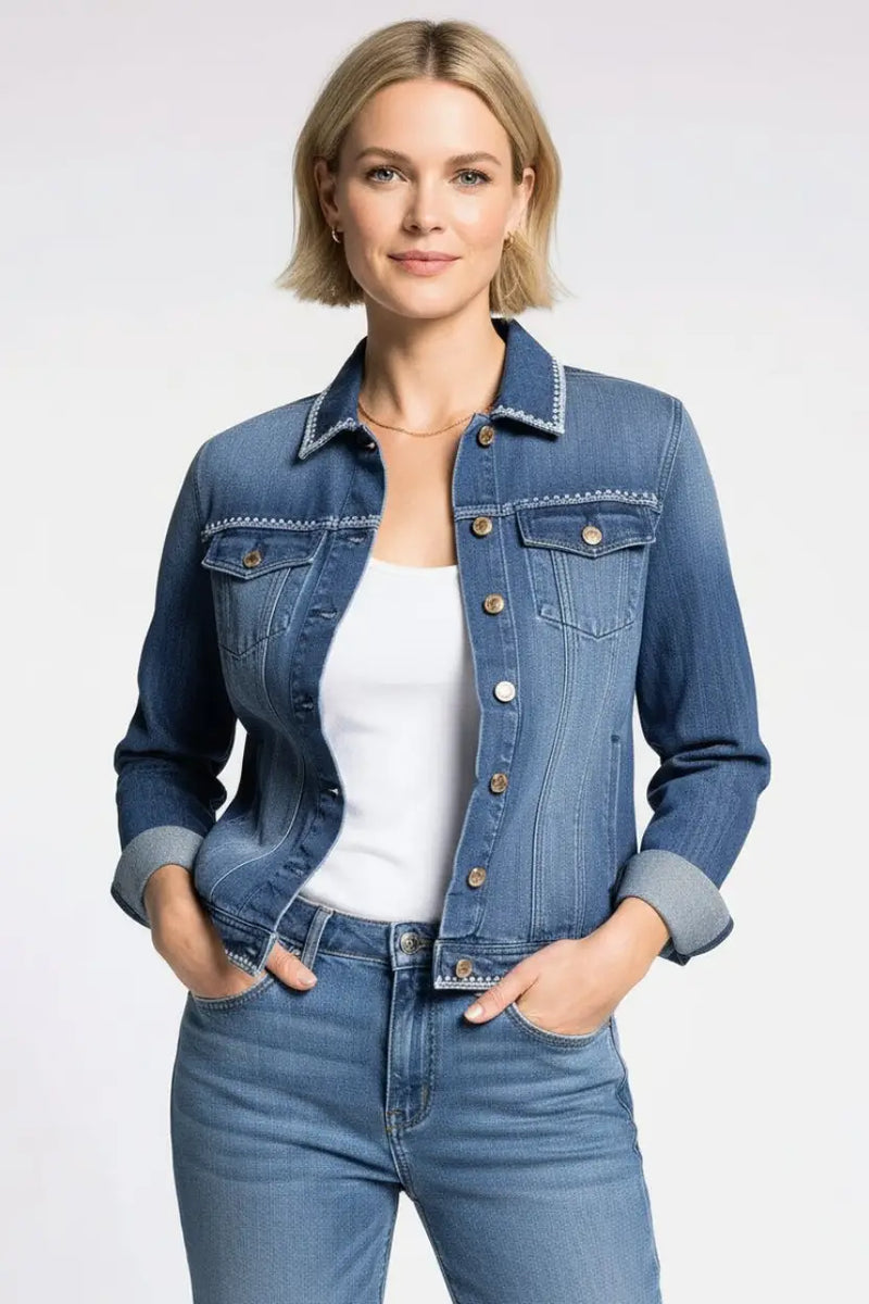 Blue denim jacket with embroidered trim, rolled sleeves, boho chic