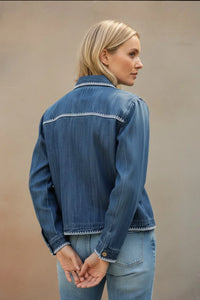 Blue denim jacket with white embroidered trim, women’s boho chic clothing