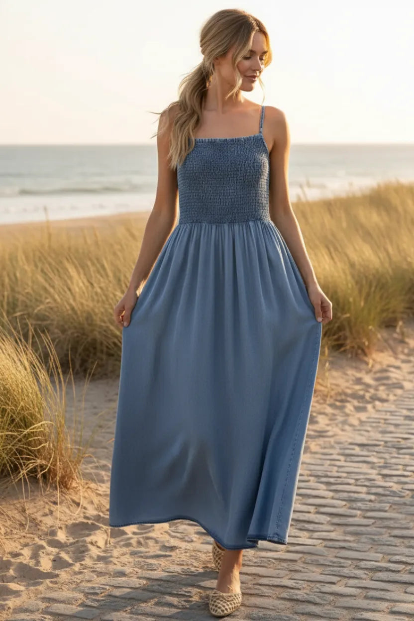 DENIM SMOCKED CAMI MAXI DRESS CHAMBRAY / EXTRA SMALL DENIM SMOCKED CAMI MAXI DRESS CHAMBRAY / EXTRA SMALL