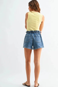 High rise pull on patch pocket denim jean shorts in blue