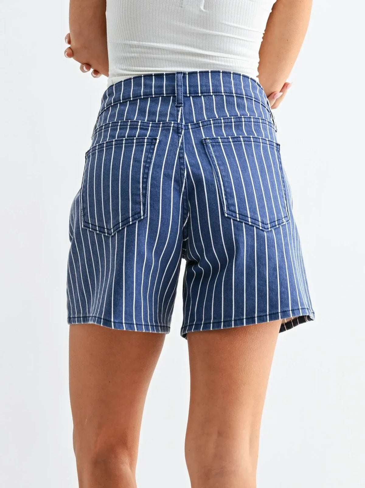 High rise tie waist lightweight denim shorts in blue with white vertical stripes for summer wear