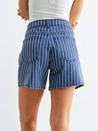 High rise tie waist lightweight denim shorts in blue with white vertical stripes for summer wear