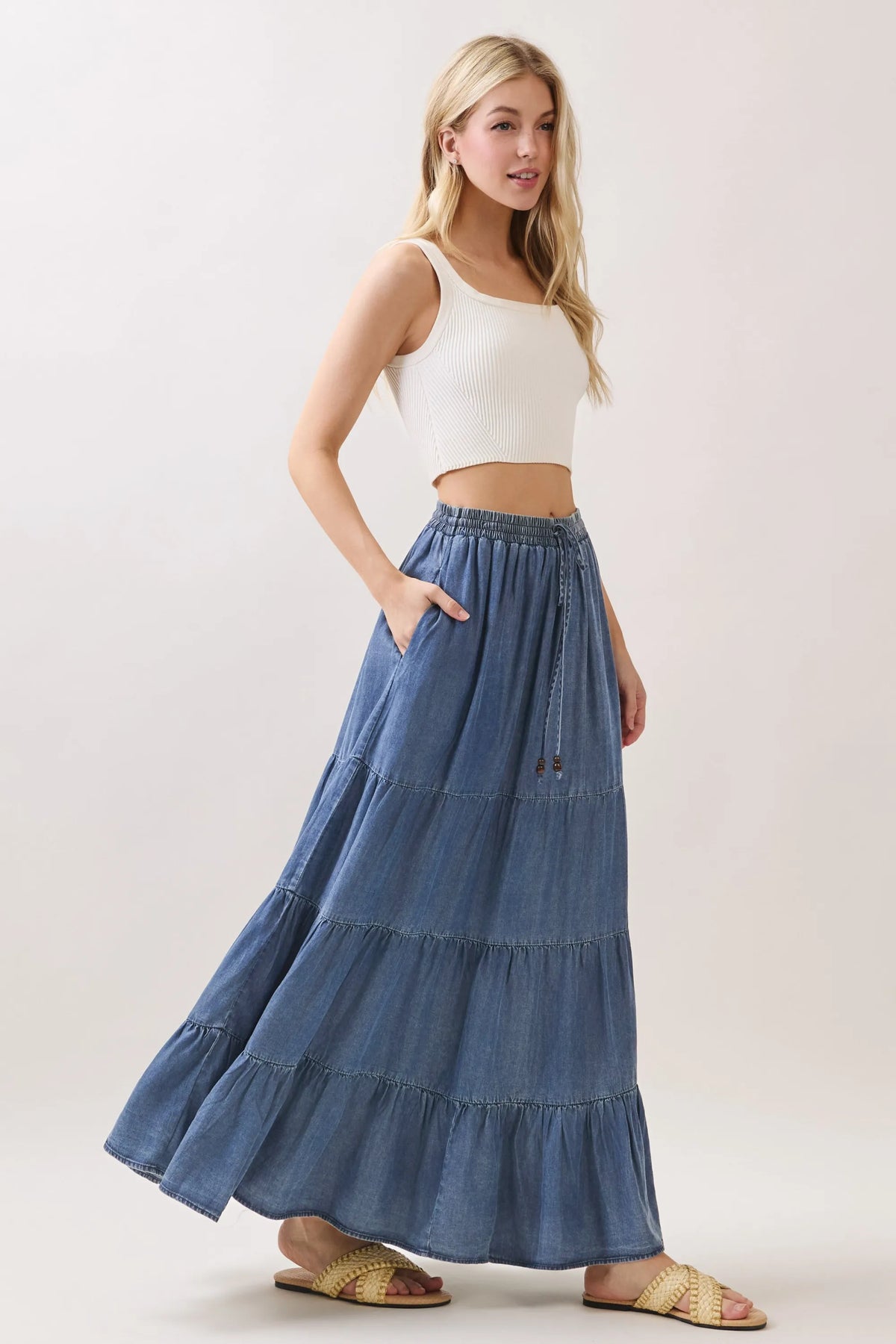 Blue denim tencel elastic waisted tiered maxi skirt with drawstring and comfortable waistband for casual wear