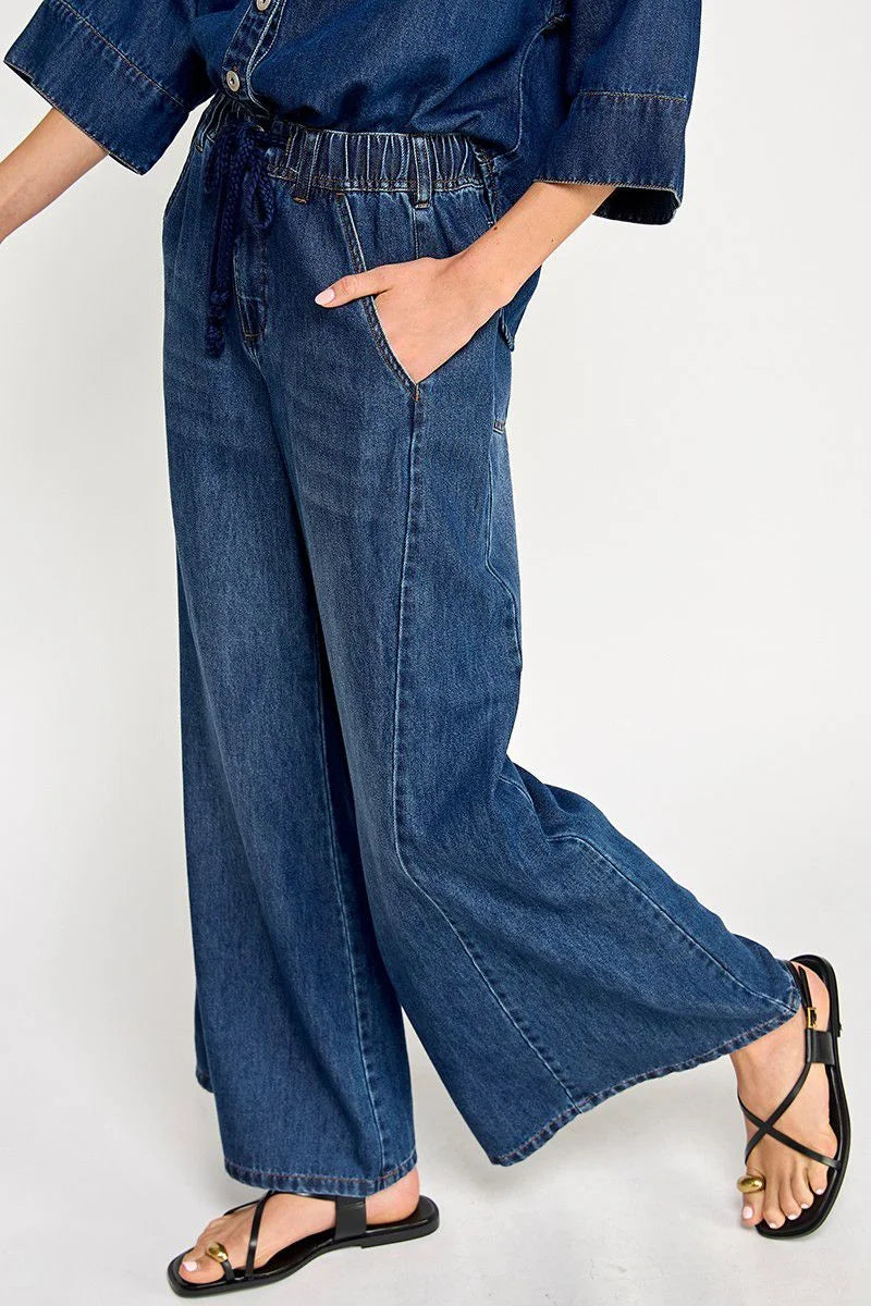 Blue drawstring wide leg denim pants with elastic waistband