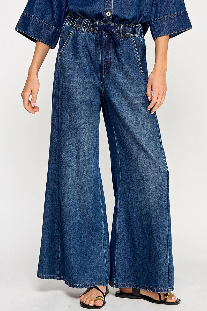 Blue drawstring wide leg denim pants with elastic waistband
