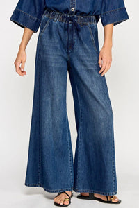 Blue drawstring wide leg denim pants with elastic waistband