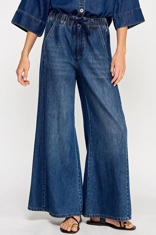 Blue drawstring wide leg denim pants with elastic waistband
