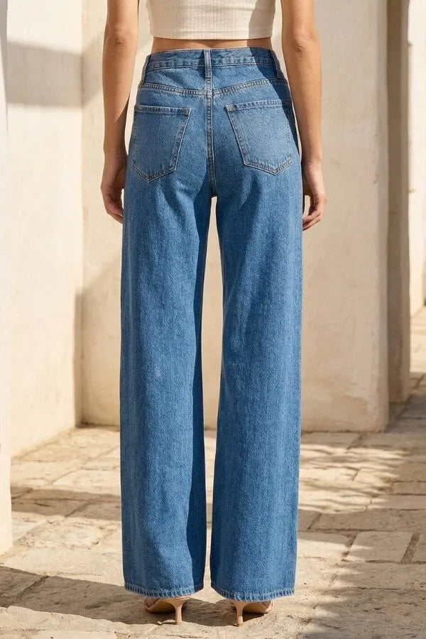 Blue denim wide leg high rise jeans shown from the back with classic back pockets and a relaxed fit design