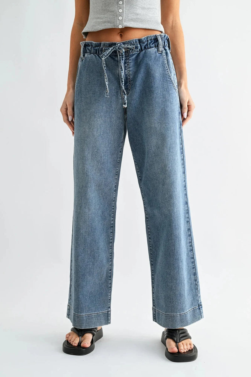 Blue wide leg denim pants with elastic waistband and drawstring