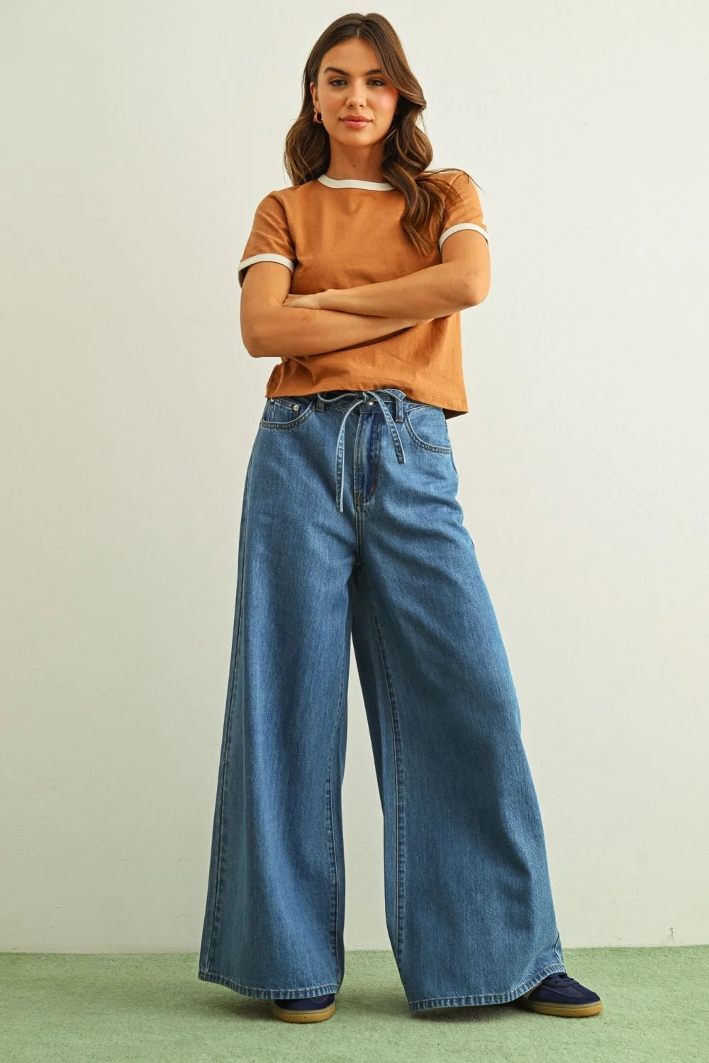 Blue denim wide-leg pants with drawstring waistband and short sleeve ringer organic cotton top