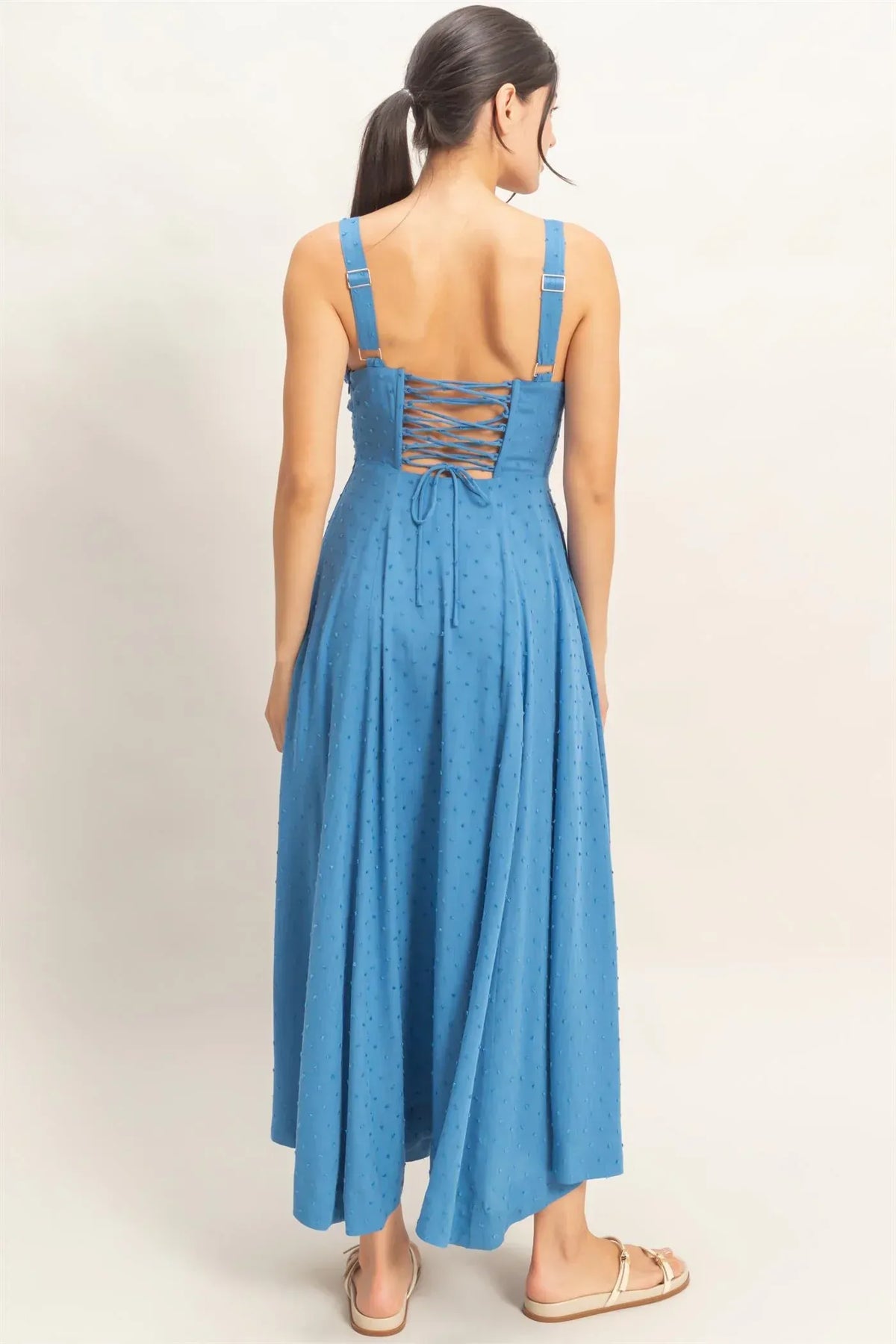Boned tie back maxi dress in blue eyelet lace with flowing skirt for women’s boho chic clothing